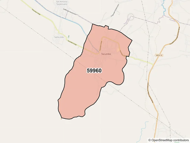 Mapa del código postal 59960, Tocumbo, Michoacán de Ocampo