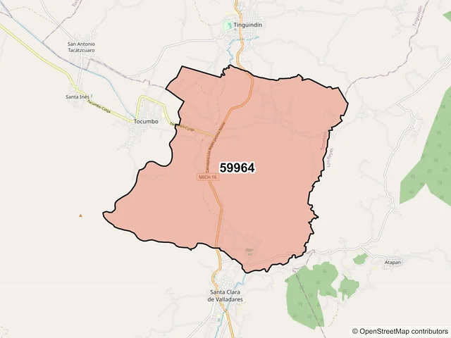 Mapa del código postal 59964, Tocumbo, Michoacán de Ocampo