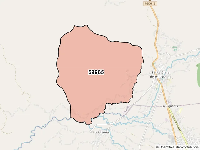 Mapa del código postal 59965, Tocumbo, Michoacán de Ocampo