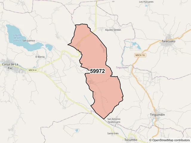 Mapa del código postal 59972, Tocumbo, Michoacán de Ocampo