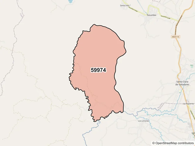 Mapa del código postal 59974, Tocumbo, Michoacán de Ocampo
