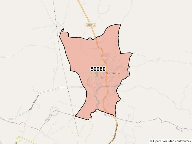 Mapa del código postal 59980, Tingüindín, Michoacán de Ocampo