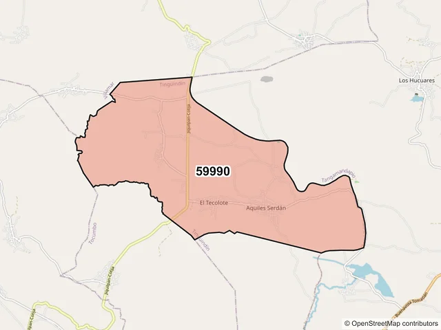 Mapa del código postal 59990, Tingüindín, Michoacán de Ocampo