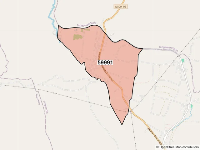 Mapa del código postal 59991, Tingüindín, Michoacán de Ocampo