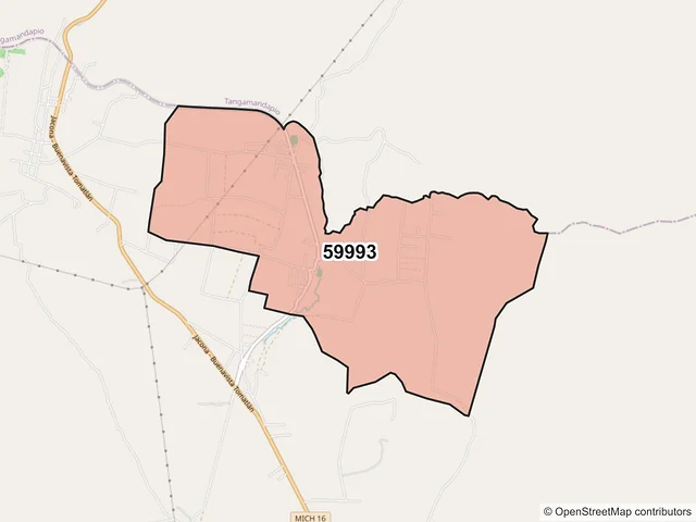 Mapa del código postal 59993, Tingüindín, Michoacán de Ocampo