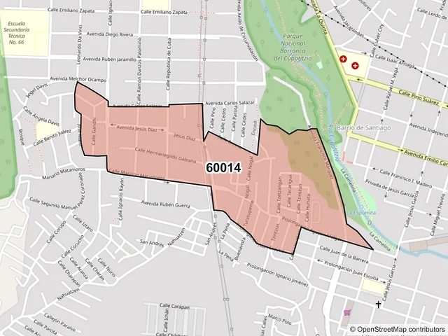 Mapa del código postal 60014, Uruapan, Michoacán de Ocampo