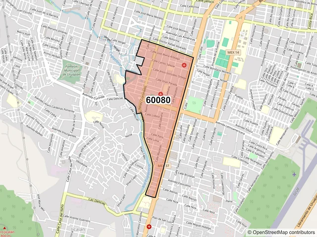 Mapa del código postal 60080, Uruapan, Michoacán de Ocampo