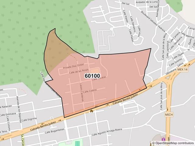 Mapa del código postal 60100, Uruapan, Michoacán de Ocampo