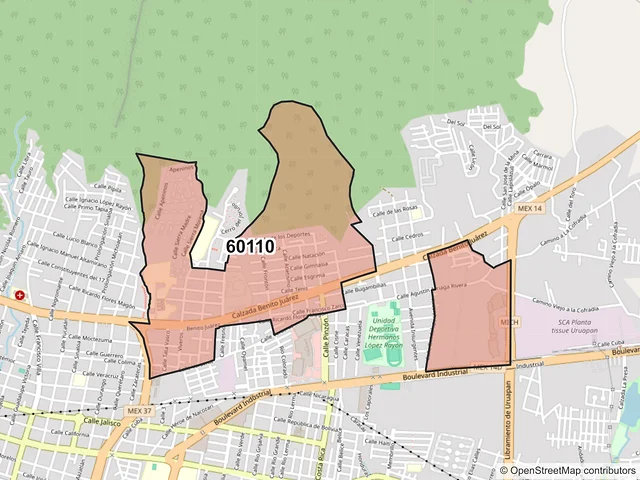 Mapa del código postal 60110, Uruapan, Michoacán de Ocampo
