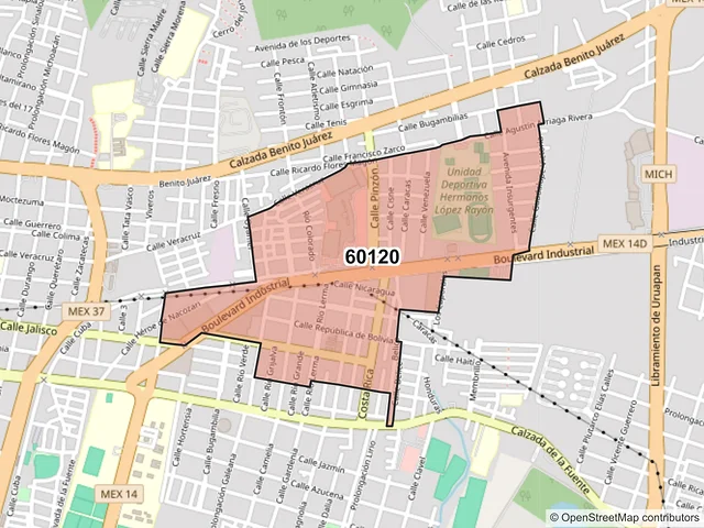 Mapa del código postal 60120, Uruapan, Michoacán de Ocampo