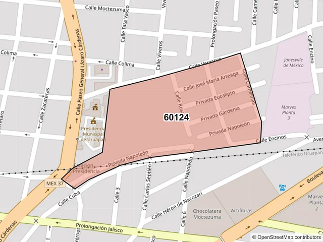 Mapa del código postal 60124, Uruapan, Michoacán de Ocampo