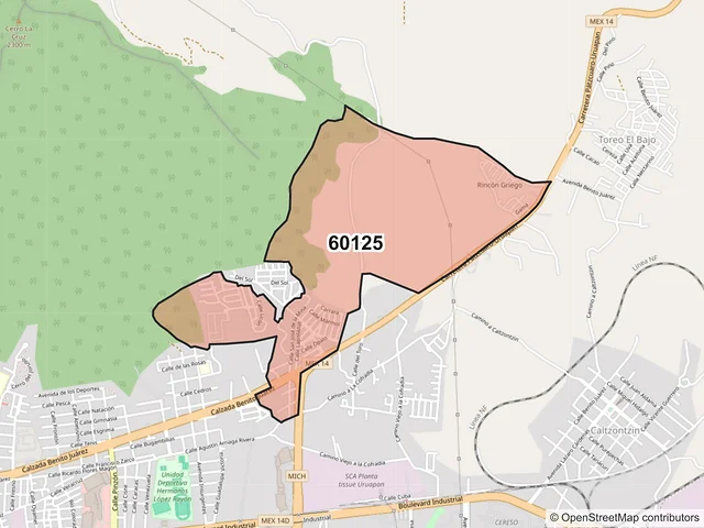 Mapa del código postal 60125, Uruapan, Michoacán de Ocampo