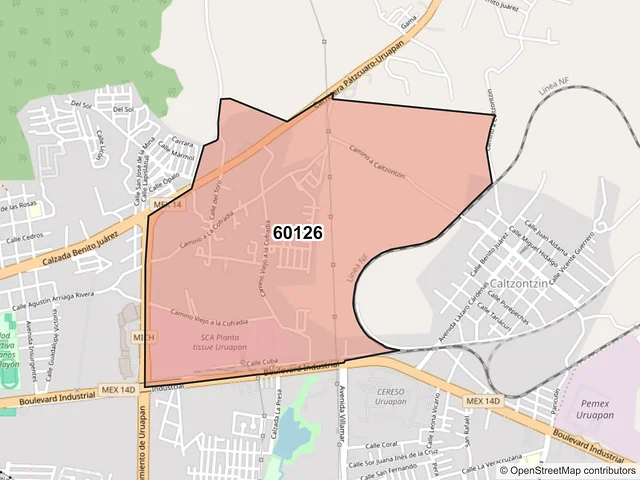 Mapa del código postal 60126, Uruapan, Michoacán de Ocampo