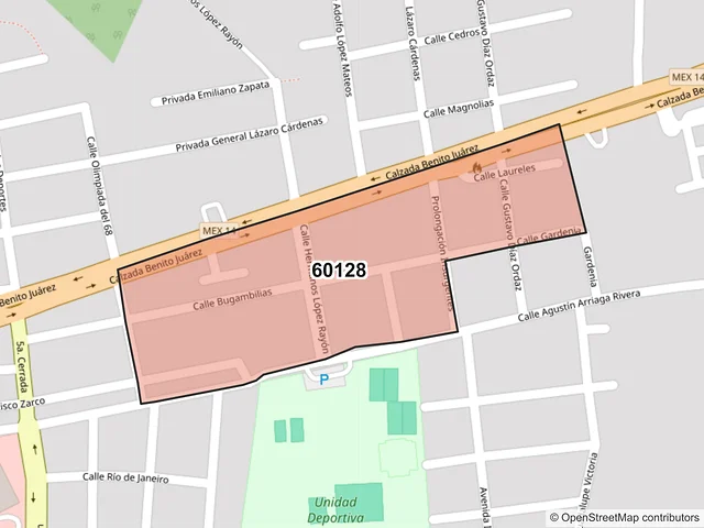 Mapa del código postal 60128, Uruapan, Michoacán de Ocampo