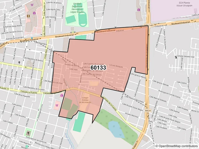 Mapa del código postal 60133, Uruapan, Michoacán de Ocampo
