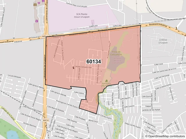 Mapa del código postal 60134, Uruapan, Michoacán de Ocampo