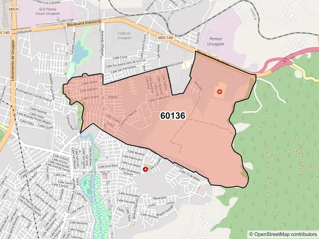 Mapa del código postal 60136, Uruapan, Michoacán de Ocampo
