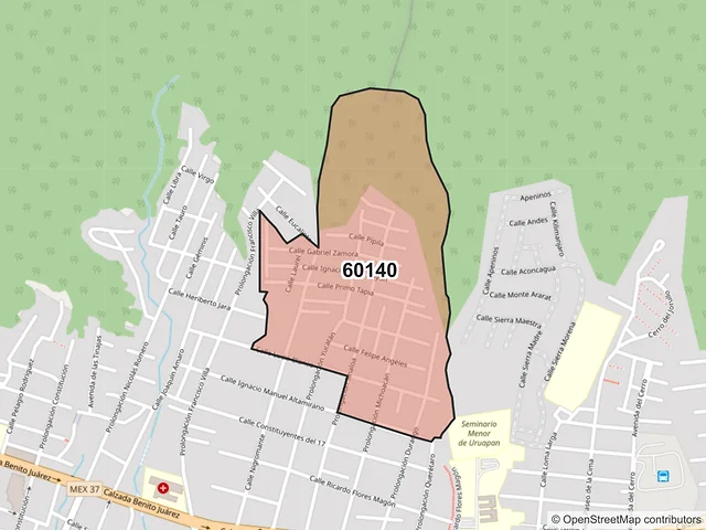 Mapa del código postal 60140, Uruapan, Michoacán de Ocampo