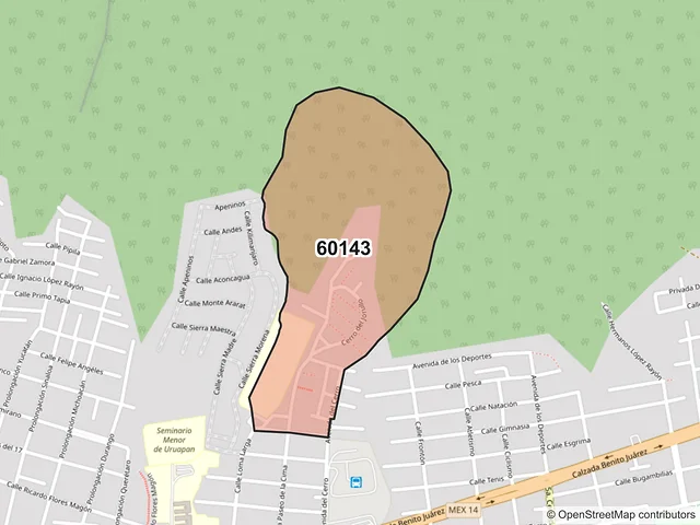 Mapa del código postal 60143, Uruapan, Michoacán de Ocampo