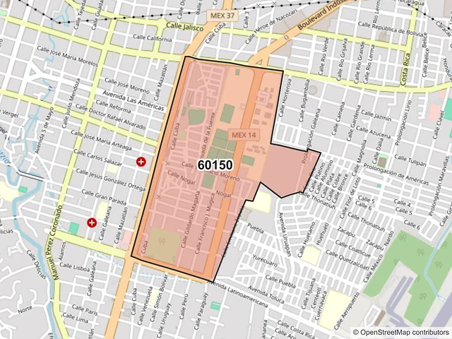 Mapa del código postal 60150, Uruapan, Michoacán de Ocampo