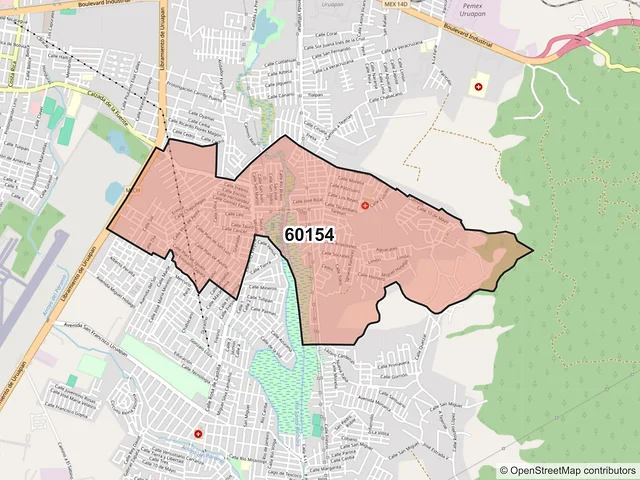 Mapa del código postal 60154, Uruapan, Michoacán de Ocampo