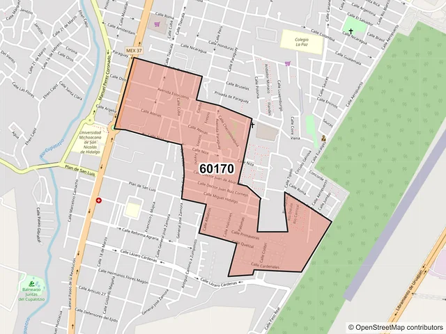 Mapa del código postal 60170, Uruapan, Michoacán de Ocampo