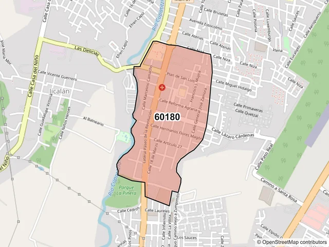 Mapa del código postal 60180, Uruapan, Michoacán de Ocampo