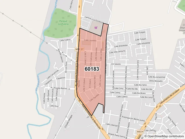 Mapa del código postal 60183, Uruapan, Michoacán de Ocampo