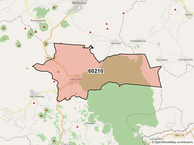 Mapa del código postal 60210, Uruapan, Michoacán de Ocampo