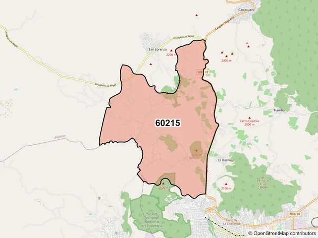 Mapa del código postal 60215, Uruapan, Michoacán de Ocampo