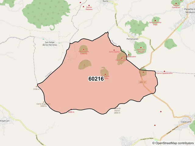 Mapa del código postal 60216, Uruapan, Michoacán de Ocampo