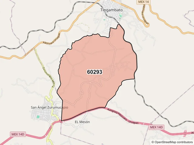 Mapa del código postal 60293, Tingambato, Michoacán de Ocampo