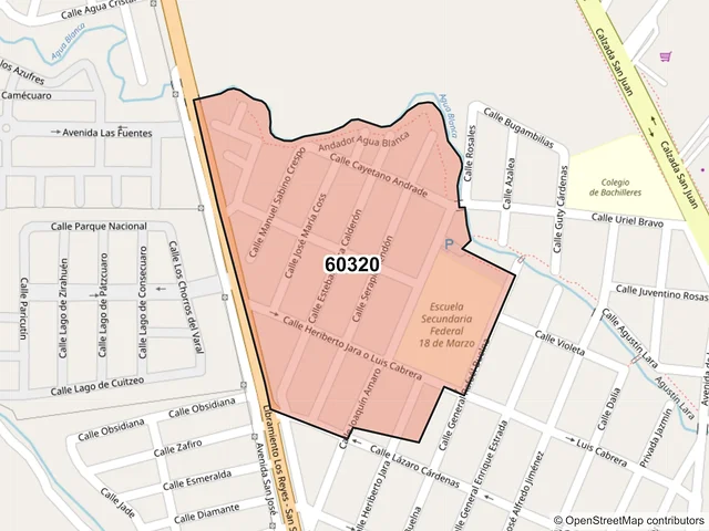Mapa del código postal 60320, Los Reyes, Michoacán de Ocampo