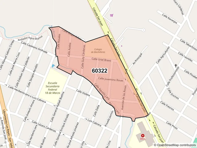 Mapa del código postal 60322, Los Reyes, Michoacán de Ocampo