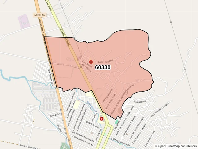 Mapa del código postal 60330, Los Reyes, Michoacán de Ocampo