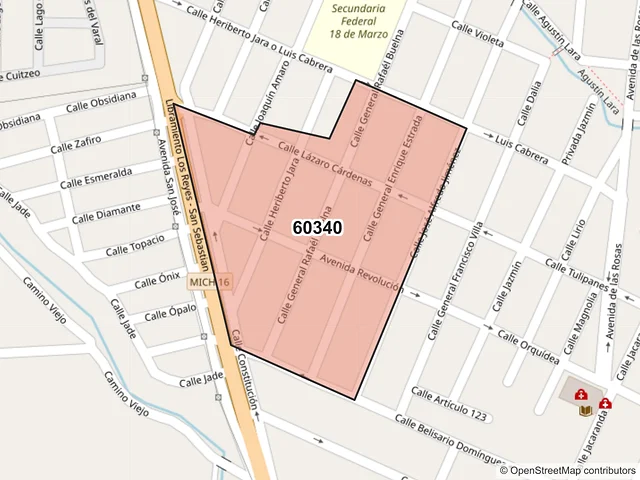Mapa del código postal 60340, Los Reyes, Michoacán de Ocampo