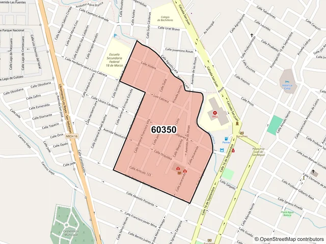 Mapa del código postal 60350, Los Reyes, Michoacán de Ocampo