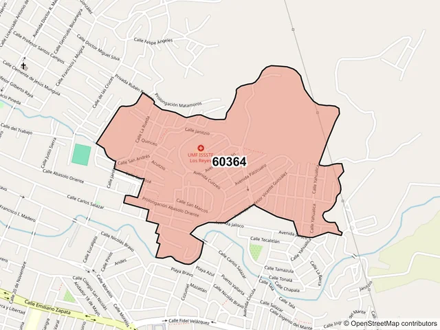 Mapa del código postal 60364, Los Reyes, Michoacán de Ocampo