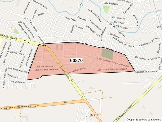 Mapa del código postal 60370, Los Reyes, Michoacán de Ocampo
