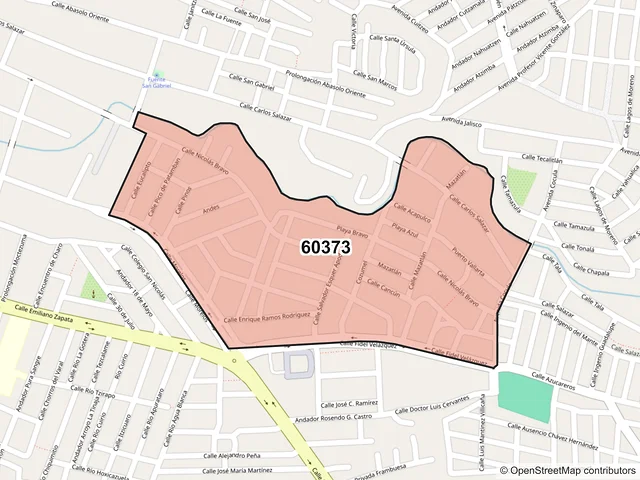 Mapa del código postal 60373, Los Reyes, Michoacán de Ocampo