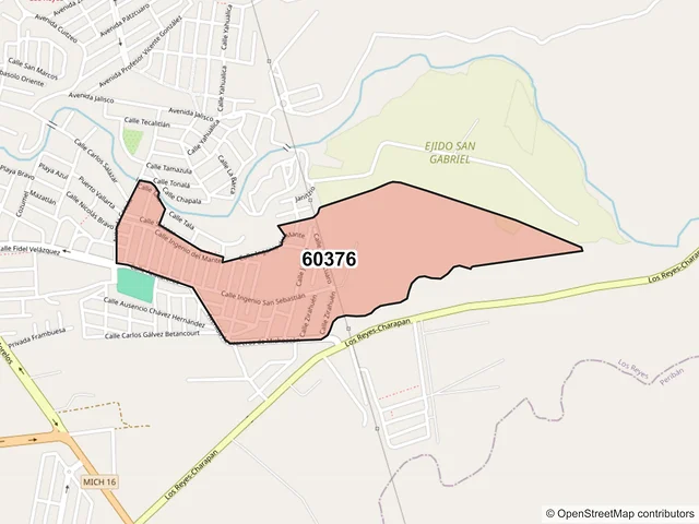 Mapa del código postal 60376, Los Reyes, Michoacán de Ocampo
