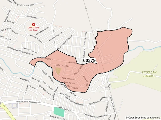 Mapa del código postal 60379, Los Reyes, Michoacán de Ocampo