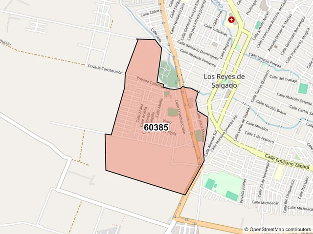 Mapa del código postal 60385, Los Reyes, Michoacán de Ocampo