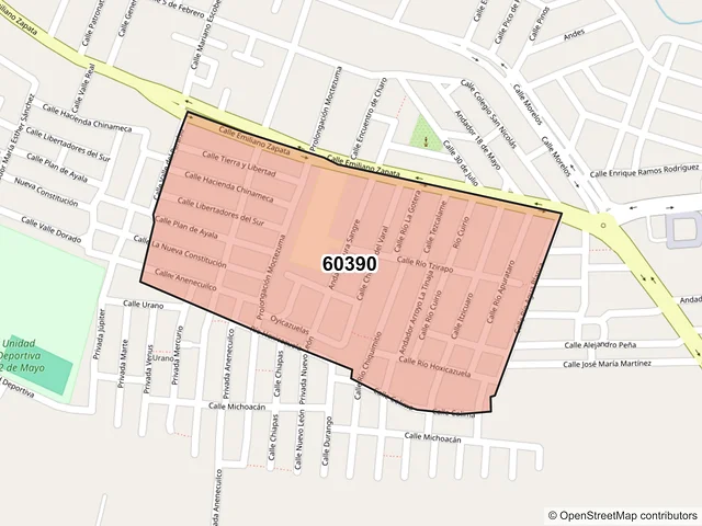 Mapa del código postal 60390, Los Reyes, Michoacán de Ocampo