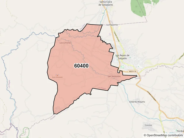 Mapa del código postal 60400, Los Reyes, Michoacán de Ocampo