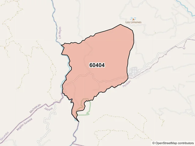 Mapa del código postal 60404, Los Reyes, Michoacán de Ocampo