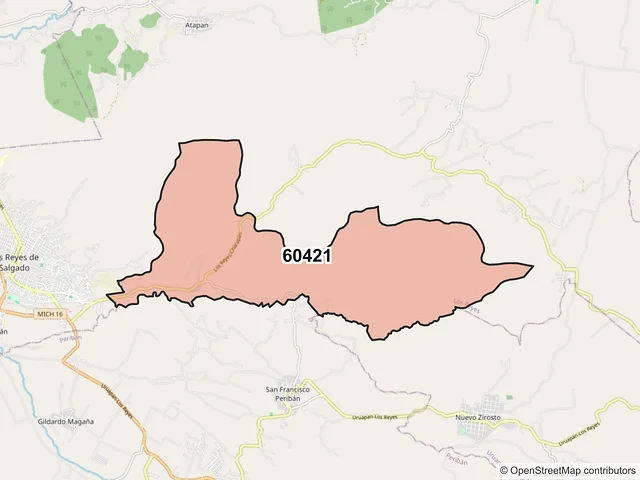 Mapa del código postal 60421, Los Reyes, Michoacán de Ocampo