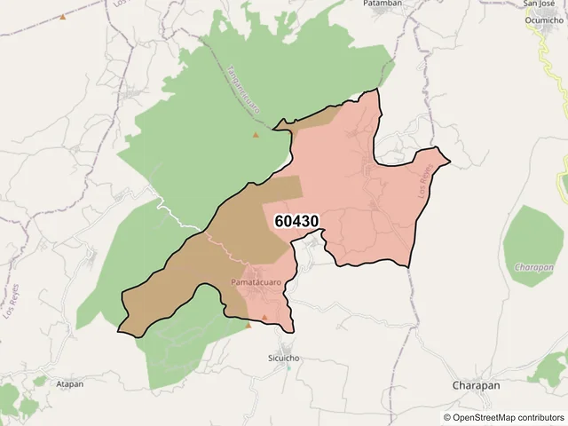 Mapa del código postal 60430, Los Reyes, Michoacán de Ocampo