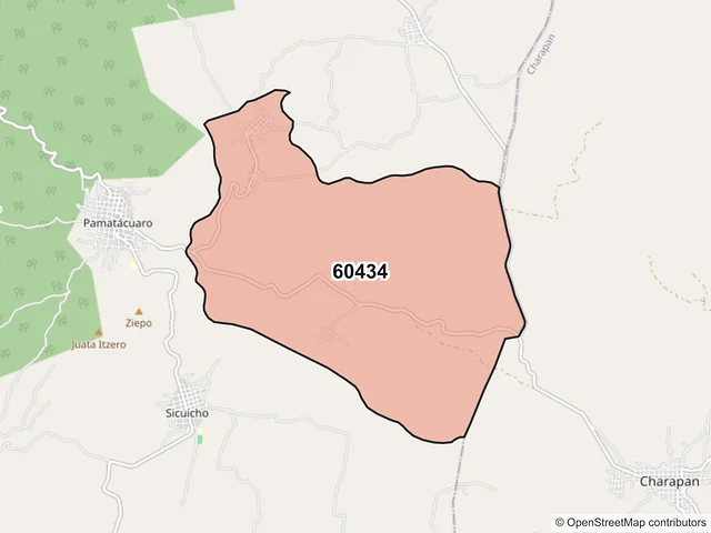 Mapa del código postal 60434, Los Reyes, Michoacán de Ocampo