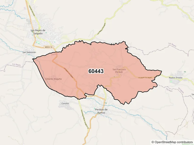 Mapa del código postal 60443, Peribán, Michoacán de Ocampo